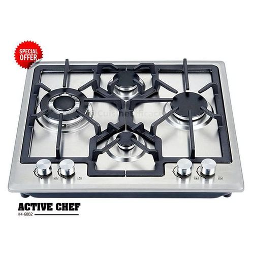 Active chef Plaque Encastrable À Gaz - 4 Feux 60 cm Inox Grilles En Fonte Renforcée Allumage Électrique
