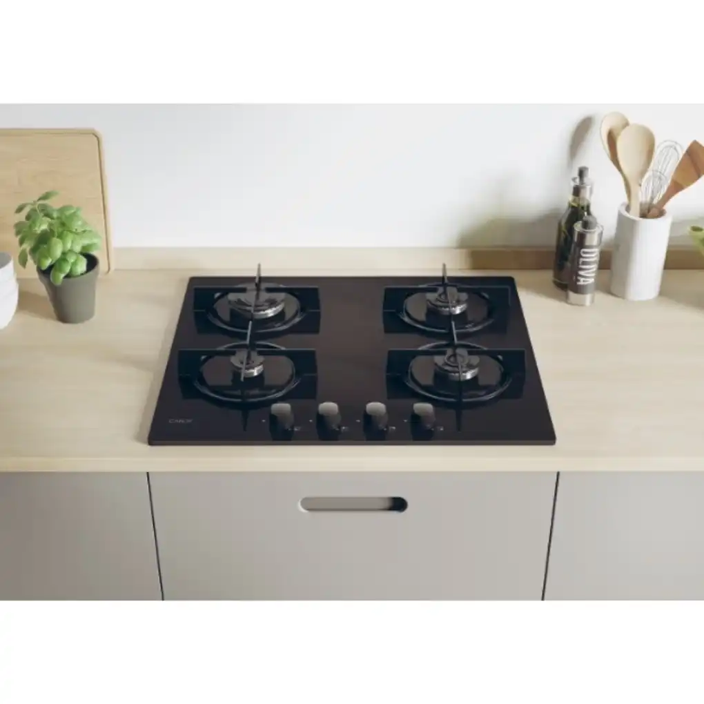 Table de cuisson gaz 4 foyers sur verre trempé, Design élégant &; sécurité optimale, CVW6BB