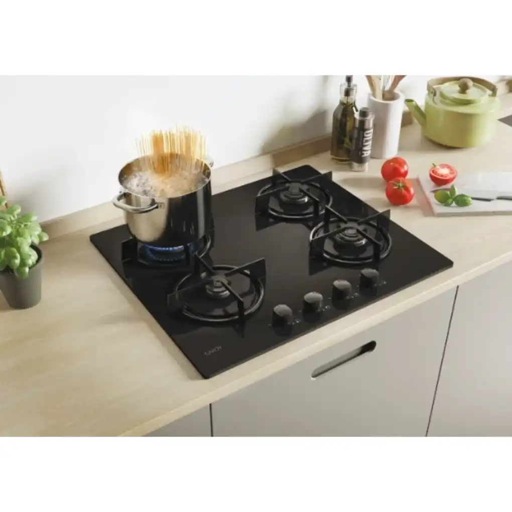 Table de cuisson gaz 4 foyers sur verre trempé, Design élégant &; sécurité optimale, CVW6BB