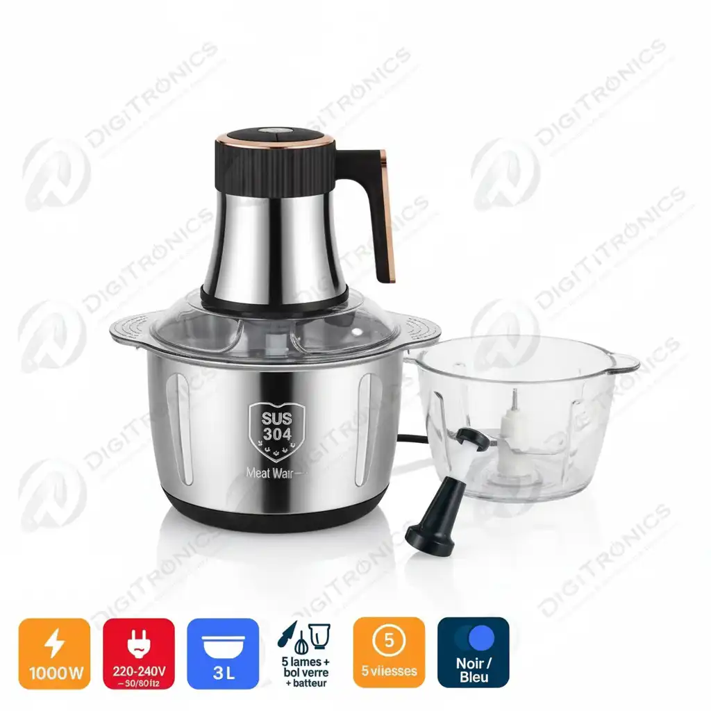 Hachoir électrique 3L 1000W + bol en verre, 5 vitesses, Black, JN-6347
