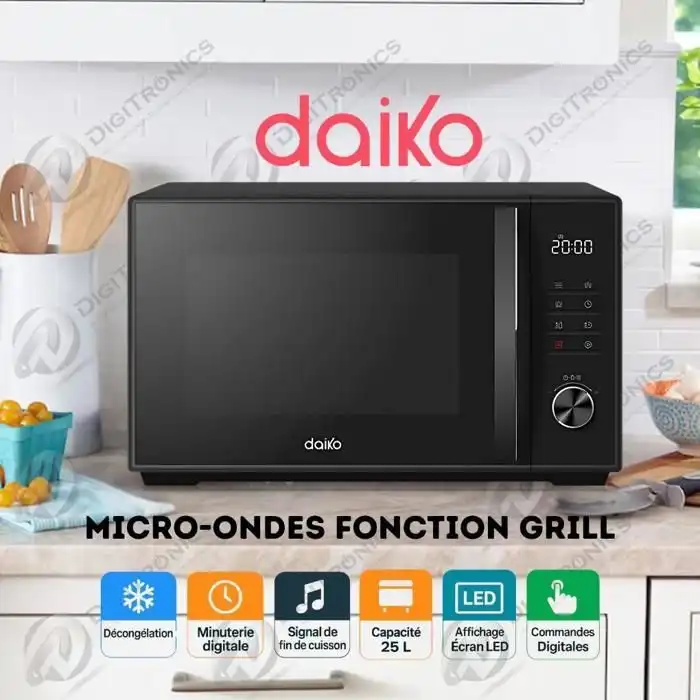 Daiko - Micro-ondes Grill 25L – 900W / Grill 1000W – Affichage LED & Commandes Digitales – Modèle FMO-2553BEDK