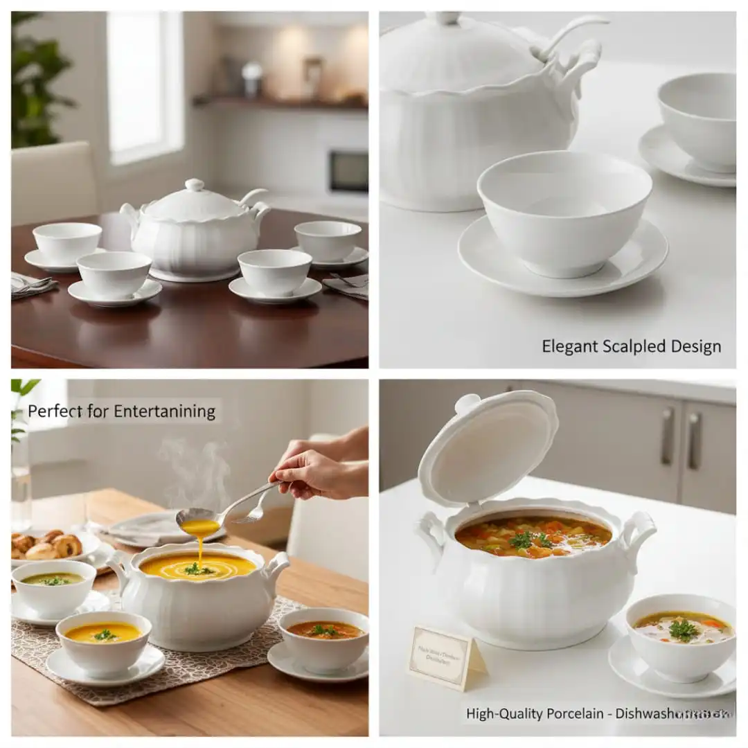 Ensemble Soupière,bols ,assiettes et louche 15 pièces blanche en porcelaine – Design – Collection Aya Home