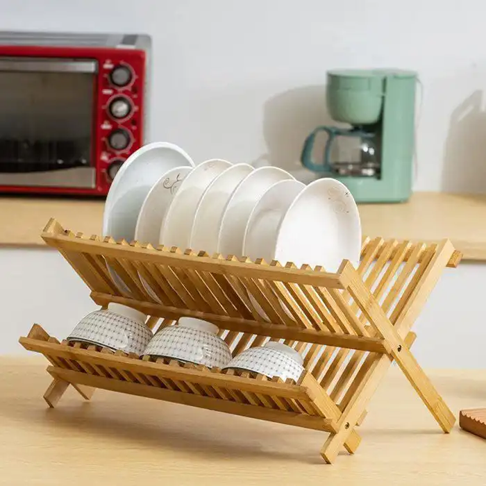 Égouttoir à vaisselle - Bambou - Pliable - 39cm x 33cm x 25cm - Design contemporain - Accessoires de cuisine