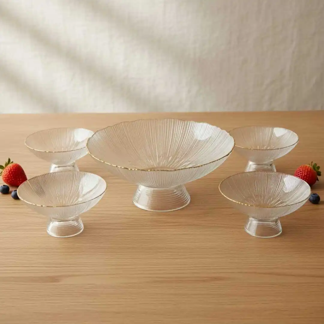Ensemble 5 pièces saladiers de Service en Verre avec Bordure Dorée – Sur Pied 24cm/13cm et 4 petites de 15 cm