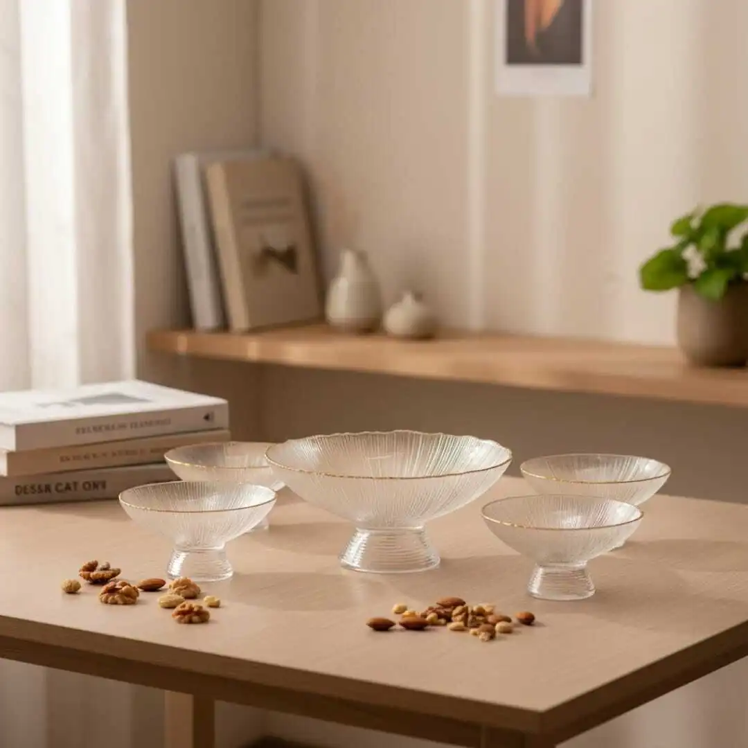 Ensemble 5 pièces saladiers de Service en Verre avec Bordure Dorée – Sur Pied 24cm/13cm et 4 petites de 15 cm