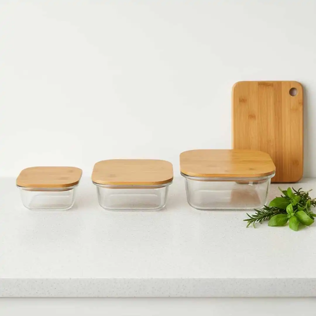 Set de 3 boîtes de conservation en verre -carrées-avec couvercles en bambou – Transparent