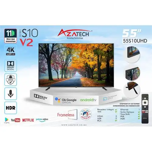 AZATECH Téléviseur intelligent 4k UHD 55 pouces avec Google TV, Dolby Audio, Wi-Fi