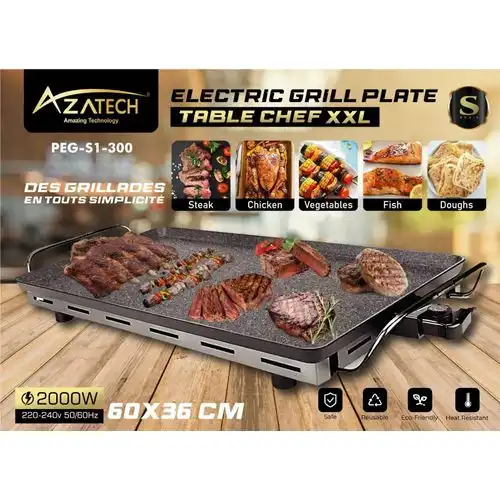 AZATECH Plaque à grillade plancha barbecue électrique granit/acier inoxydable extra large 60x36cm surface résistante anti-adhésive