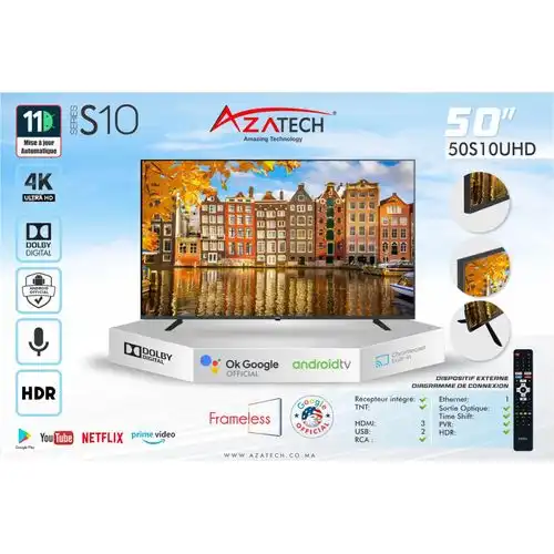 AZATECH Téléviseur intelligent 4k UHD 50 pouces avec Google TV, Dolby Audio, Wi-Fi