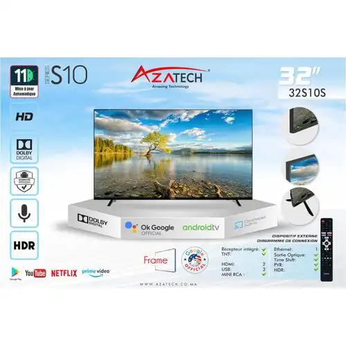 AZATECH Téléviseur intelligent HD 32 pouces avec Google TV, Dolby Audio, Bluetooth et Wi-Fi