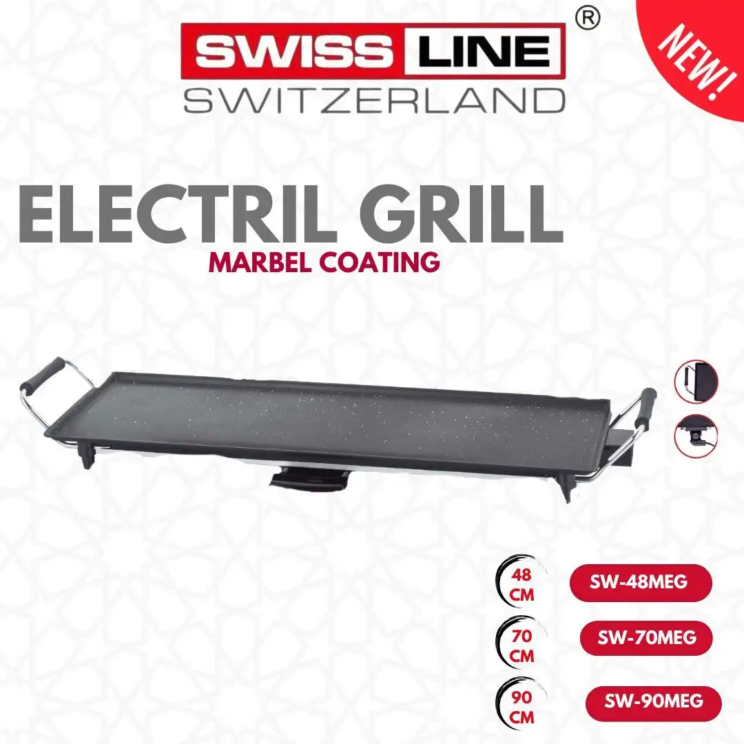 Plancha Électrique - SWISS LINE- 70 cm - Surface Antiadhésive - Thermostat Réglable - Bac à Graisses Amovible