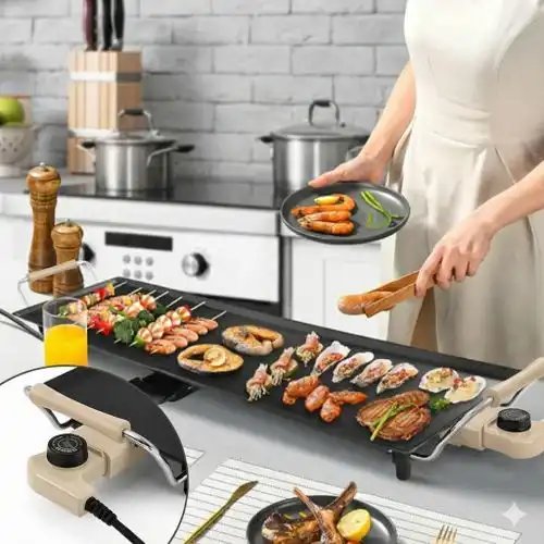 Plancha Électrique - SWISS LINE - XXL 90 cm - Surface Antiadhésive - Thermostat Réglable - Bac à Graisses Amovible