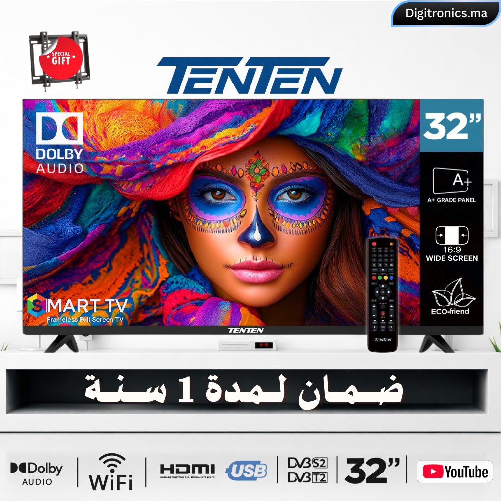 TENTEN 32 HD Smart Android TV panneau A+, Dolby Audio, Wi-Fi, HDMI/USB, YouTube + Support Gratuit