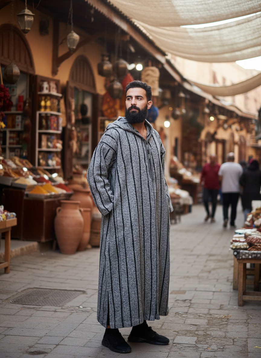 Djellaba traditionnelle marocaine Ouazzania - Gris et Noir
