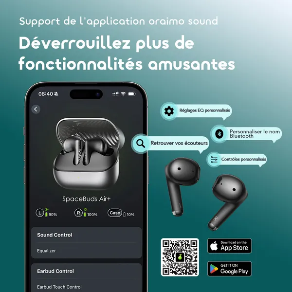 oraimo SpaceBuds Air+ Écouteurs True Wireless avec Finition Métallique et Résistance IPX4
