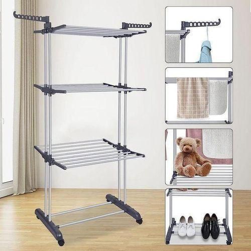 Etendoir Linge Interieur, 4 Niveaux Grande Sechoir a Linge Pliable avec Roues, Acier Inoxydable Seche Linge Etendoir pour Usage Intérieur et Extérieur