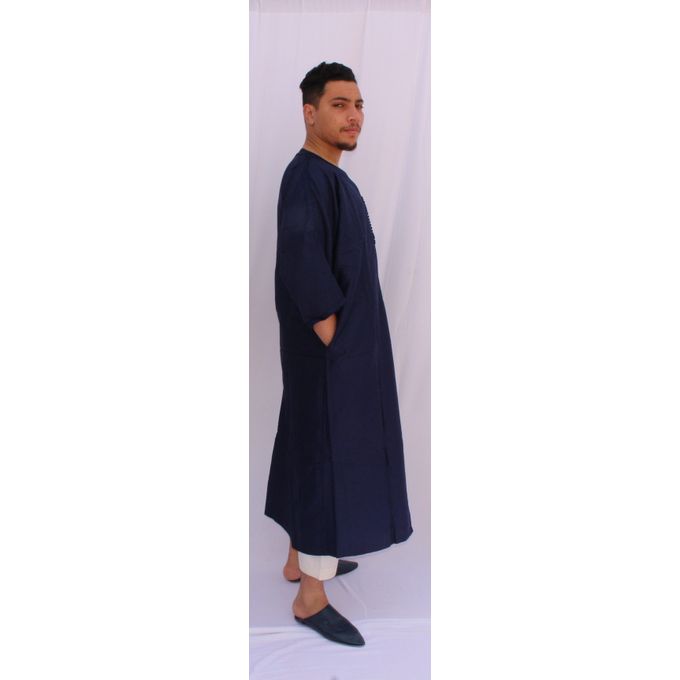 Jabador Maroc Gandoura jim à la main 100/100 coton haute couture/bleu marine.