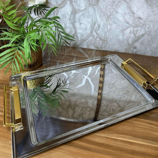 2 SET DE PLATEAUX ARGENTE ET POIGNEE DORE RECTANGULAIRES 48/31,5CM PM 41,5/28CM