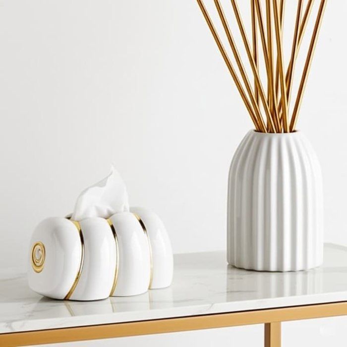 Boîte à mouchoirs dorée au design forme escargot blanche avec details dore – Pour voiture, maison et bureau