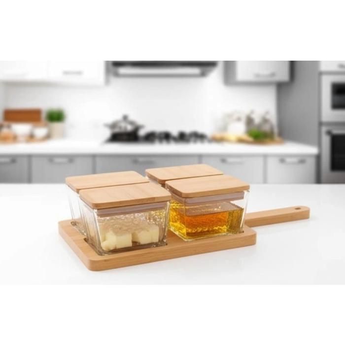 Boîte de 4 bocaux en verre avec couvercles trasparents en bois et plateau planche