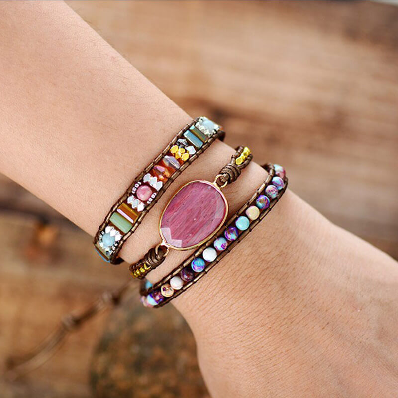 Bracelet Cuir Enroulé 3 Brins en Rhodonite et Jaspe
