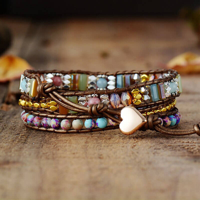 Image de Bracelet Cuir Enroulé 3 Brins en Rhodonite et Jaspe - Unbranded
