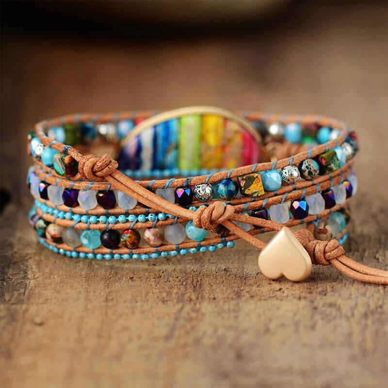 Image de Bracelet Cuir Enroulé 3 Brins en Jaspe 7 Charka - Unbranded