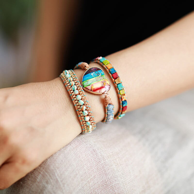 Bracelet Cuir Enroulé 3 Brins en Jaspe Impérial et Rhodonite pièce centrale en forme de cœur