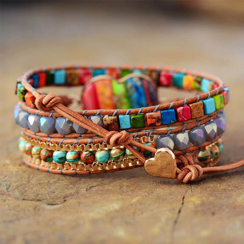 Image de Bracelet Cuir Enroulé 3 Brins en Jaspe Impérial et Rhodonite pièce centrale en forme de cœur - Unbranded