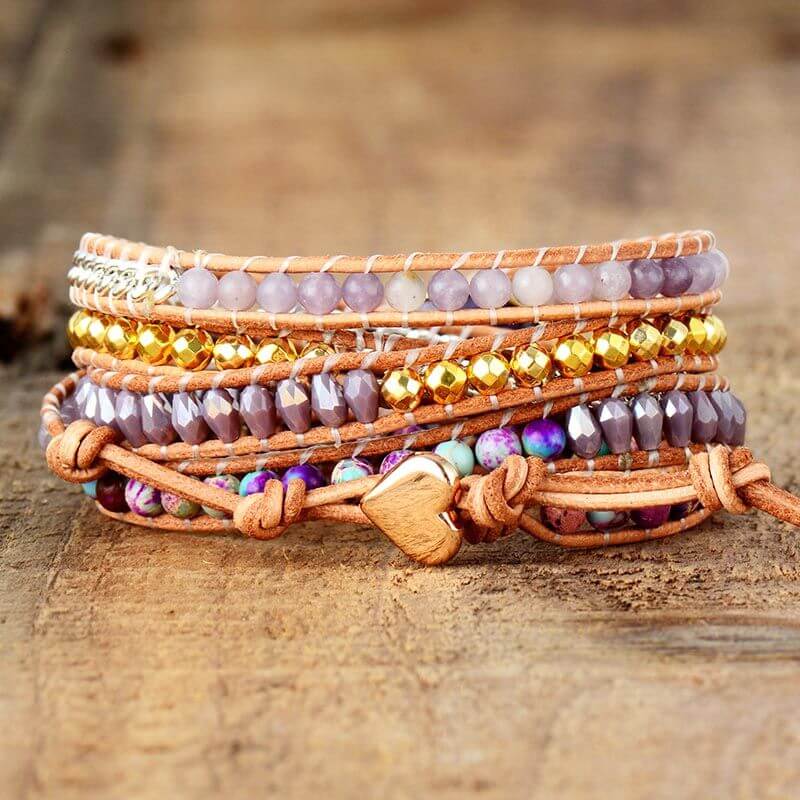 Image de Bracelet Cuir Enroulé 5 Brins en Améthyste et Jaspe - Unbranded