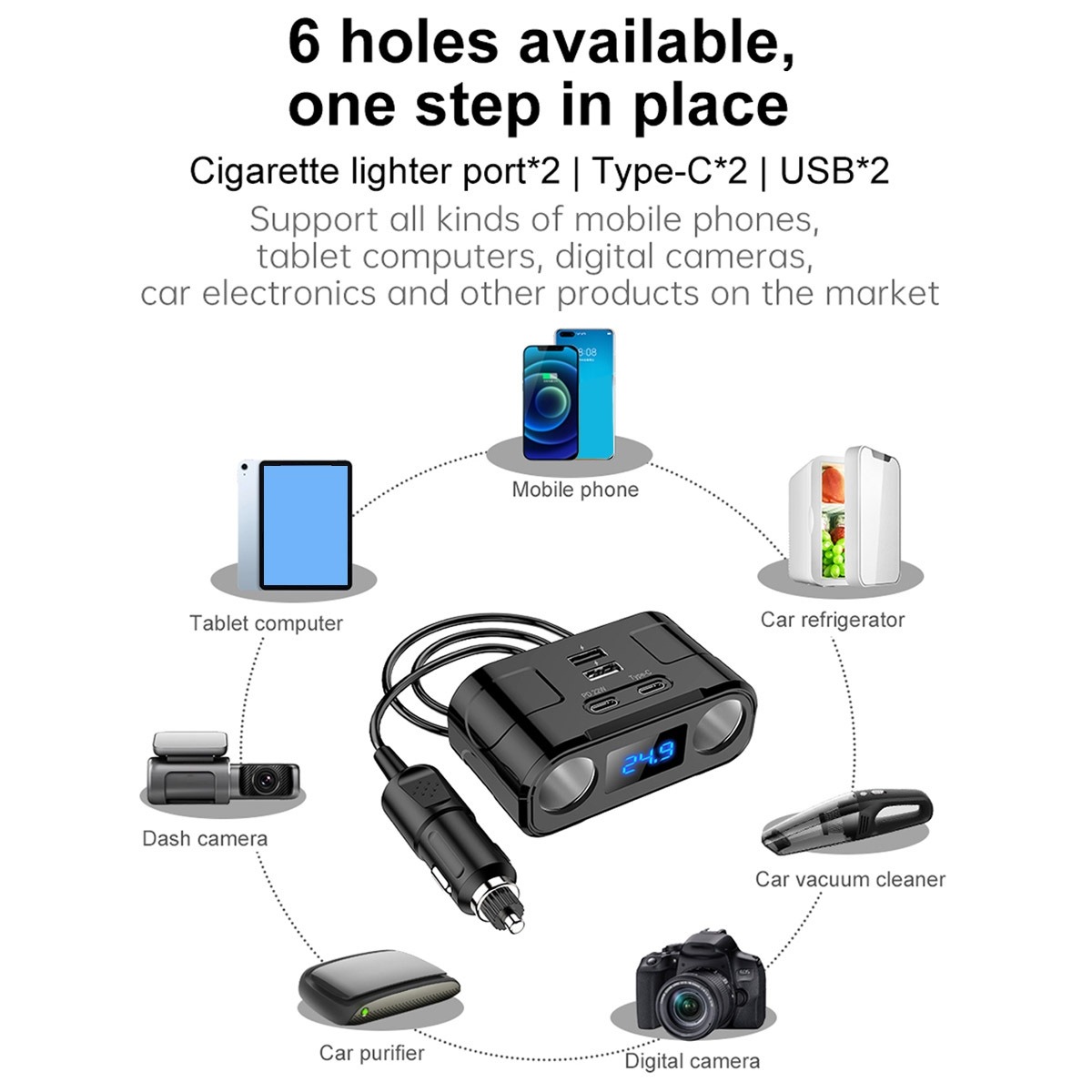 Chargeur de voiture 60W, adaptateur d'alimentation, 2 prises, 2 ports USB 2 Type C PD 22W, charge rapide