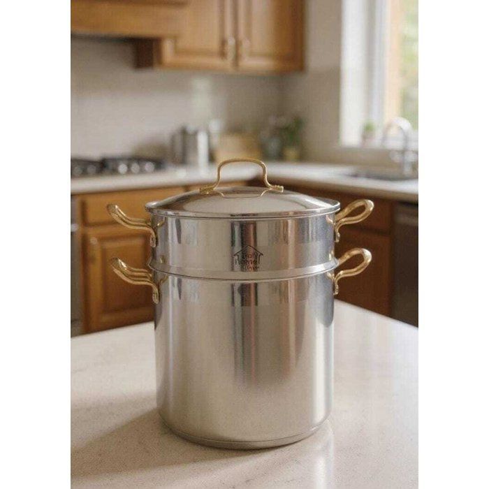 Couscoussier inoxydable avec poignées dorées – Grande capacité, design italien pour cuisson vapeur et couscous 12L