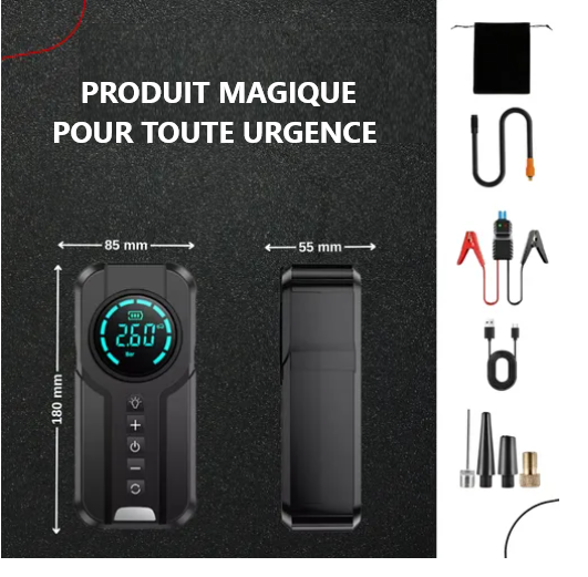 Image de Démarreur de batterie de voiture + Gonfleur Pneu, Power Bank 10 000mAh, LED, Port USB, Type C