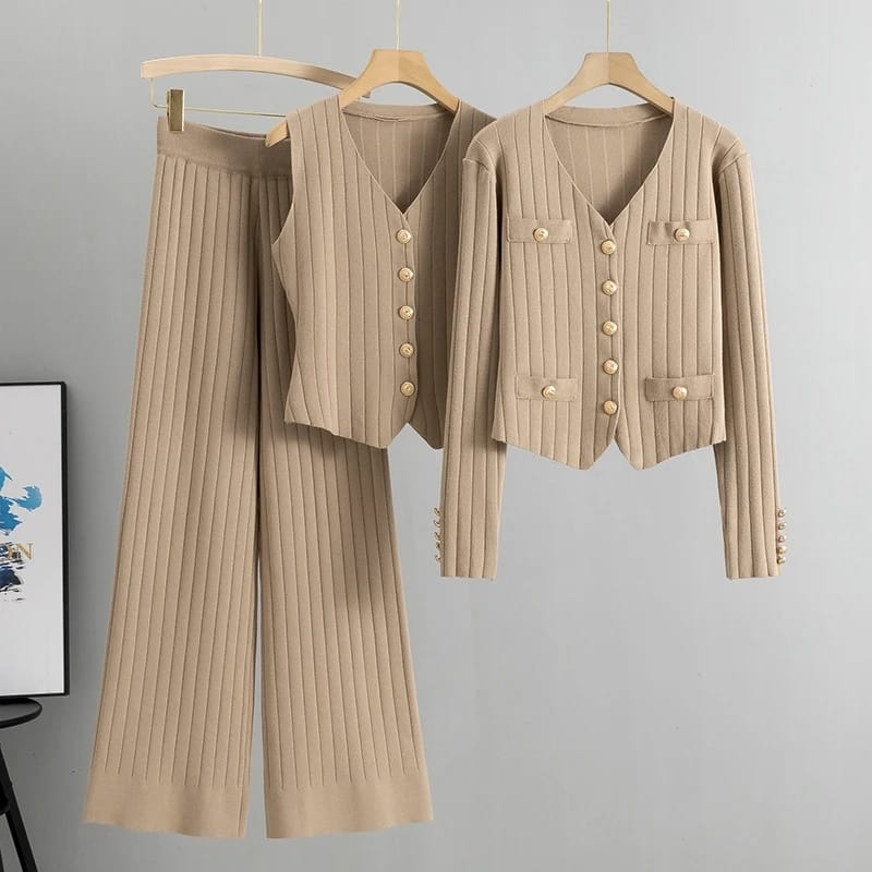 Ensemble 3 pièces en tricot slim vintage pour femme, gilet à col en V + pantalon large taille haute (Standard)