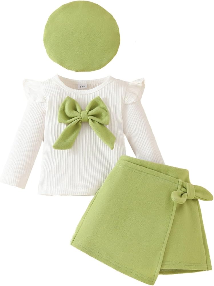 Image de Ensemble 3 pièces jupe/haut à manches longues et chapeau côtelés pour bébés et filles - Unbranded