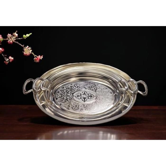 Ensemble 3 plateaux argentés avec anses à servir ou présentation en inox très haute qualité-Gm 65cm/40cm Mm 55/34cm Pm 47cm/29cm