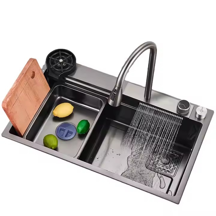 Évier de Cuisine Multifonction Noir avec Robinet Cascade