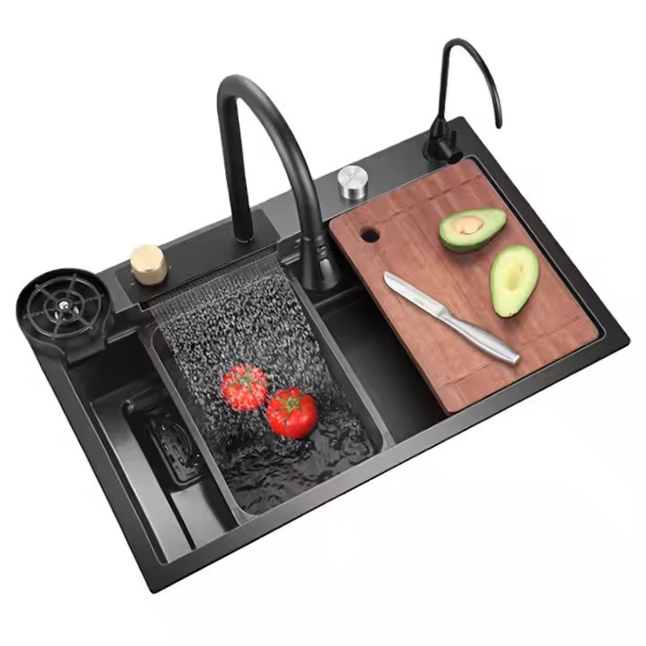 Image de Évier de Cuisine Multifonction Noir avec Robinet Cascade - Unbranded