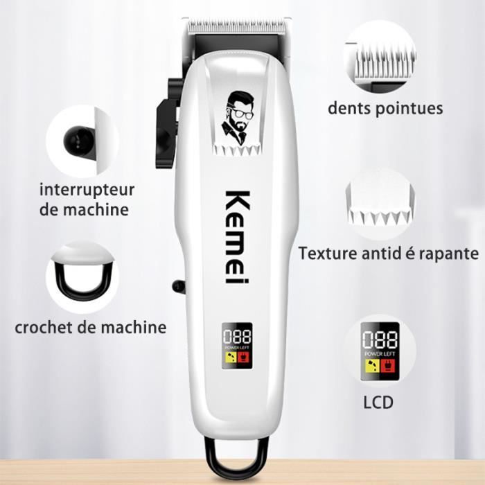 KEMEI - Tondeuse à Cheveux Professionnelle - KM-809A - Sans Fil - 4 Peignes de Guide - Réglages de Longueur 0.5-13mm