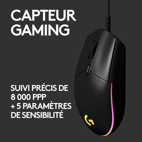 LOGITECH G102 Souris de jeu légère avec éclairage RVB personnalisable, 6 boutons programmables, capteur de qualité de jeu, suivi 8 K dpi, couleur 16,8 mn, poids léger (noir)