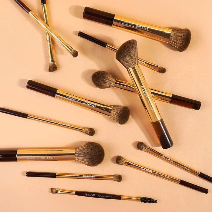 Lot de 13 pinceaux de maquillage avec 2 houppettes et un sac - Café doré