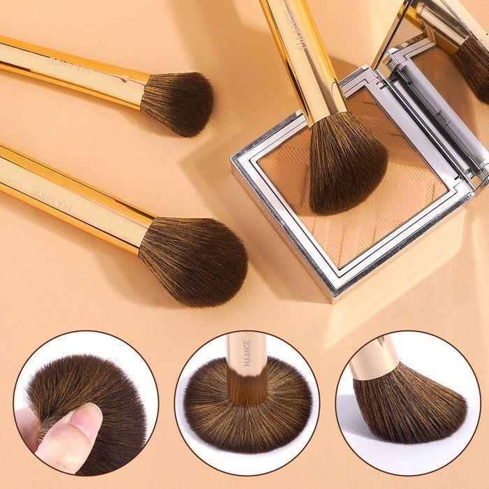 Image de Lot de 13 pinceaux de maquillage avec 2 houppettes et un sac - Café doré - Unbranded