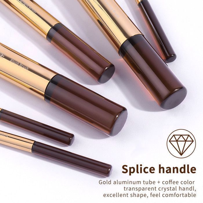 Image de Lot de 13 pinceaux de maquillage avec 2 houppettes et un sac - Café doré - Unbranded