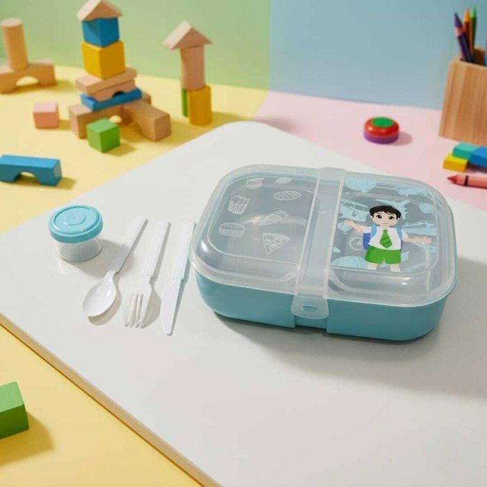 Lunch box à deux compartiments sur inox -couverts en plastique alimentaire-boite à sauce.