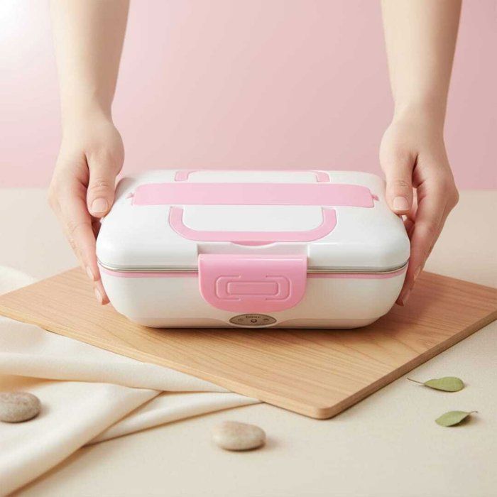 Lunch Box Chauffante Électrique - Inox Amovible - 3 Compartiments - 1,2L - Rose et Blanc