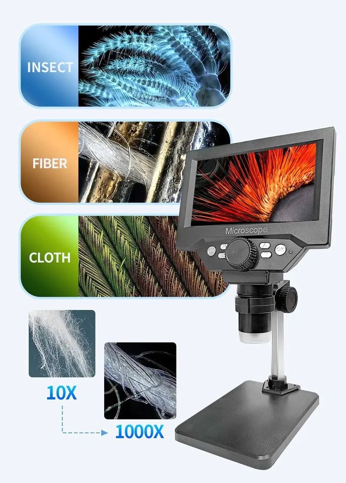 Microscope Numérique 1000X 1080P 5.5 "LCD Microscope Loupe avec Support Microscope pour Réparation Électronique