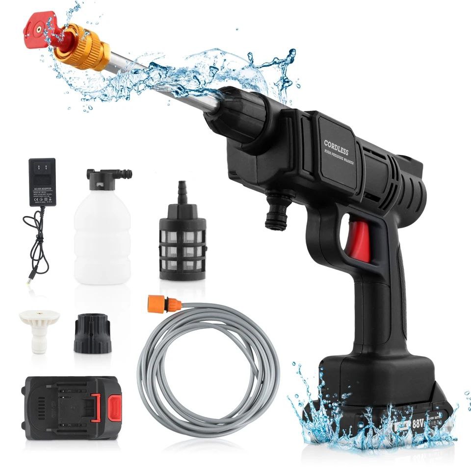 Nettoyeur Haute Pression sans Fil Portable avec 5.2m Tuyau et Accessoires, avec Moteur Haute Puissance et Buse Multifonction 5 en 1 pour Voitures Maison Jardin