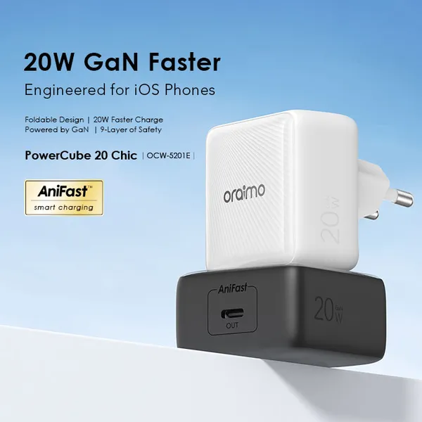 Image de oraimo PowerCube 20 Chic Kit de chargeur mural GaN 20 W avec câble Type-C vers Type-C