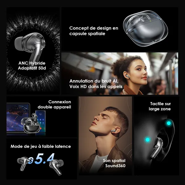 oraimo SpaceBuds Pro ANC hybride adaptatif Véritables écouteurs sans fil