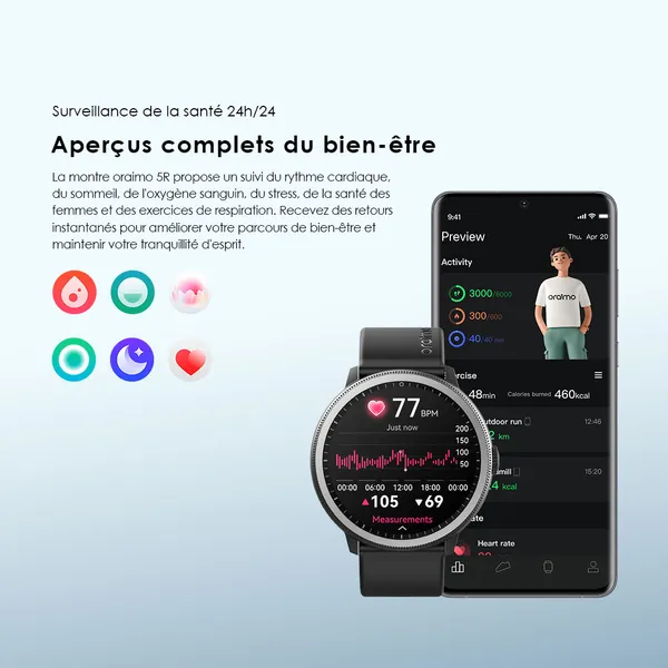 oraimo Watch 5R Pro AMOLED 1,43" Montre intelligente IP68 à interface flottante 2.5D
